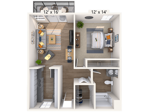 Floor plan for 1 bed, 1 bath, 617 sqft